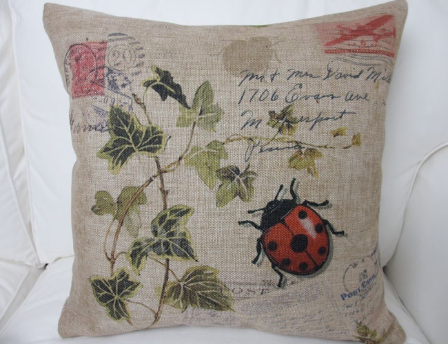 1 handmade linen flowers and plant with Coccinella septempunctata  printed fashion decorative pillow cover / cushion case 18"