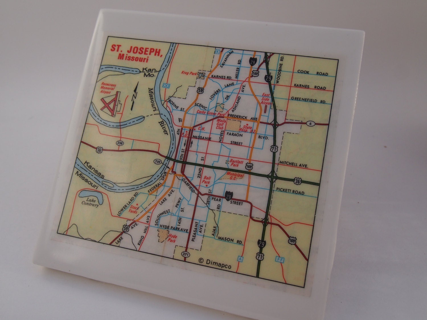 1968 St Joseph Missouri Handmade Vintage Map Coaster - Ceramic Tile Coaster - Repurposed 1960s Standard Oil Co Map - OOAK Drink Coasters