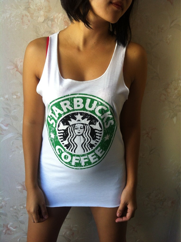 Classic Starbucks Coffee Print Tank Tops Women T-Shirt Very Thin Cotton White Vest Size S M