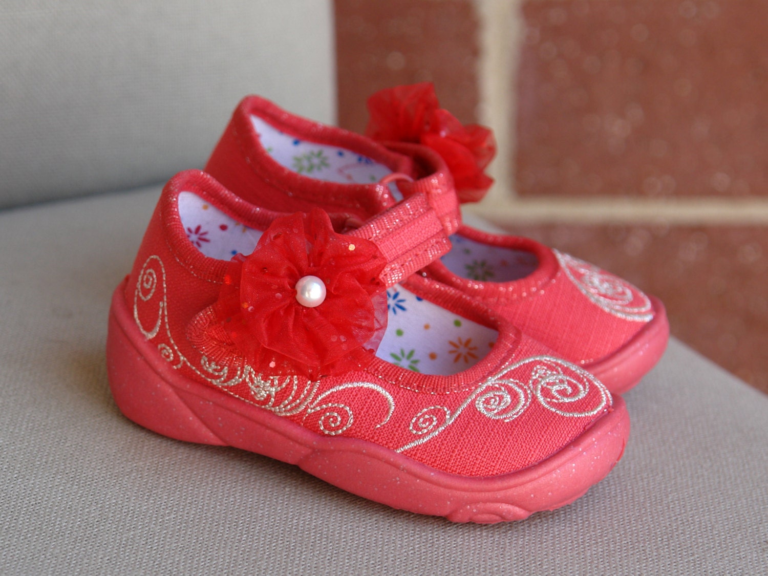 mary jean baby shoes toddler children kids girl  shoes handmade red flowers coral strawberry spring dress shoes Velcro straps