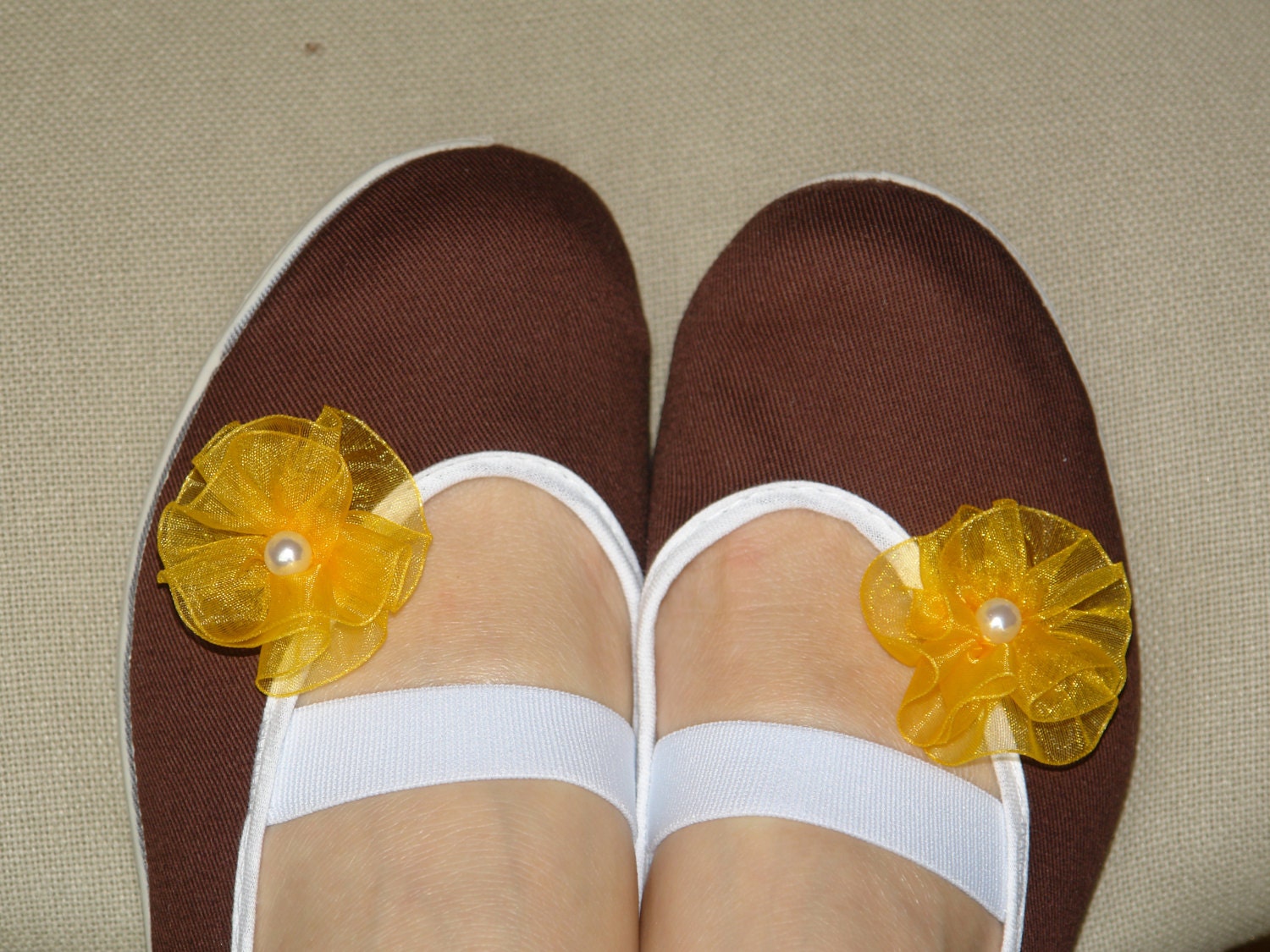 mary janes woman girls shoes, handmade yellow flowers, brown soft cotton, flexible sole, gym ballet flats dance dancing summer dress  shoes