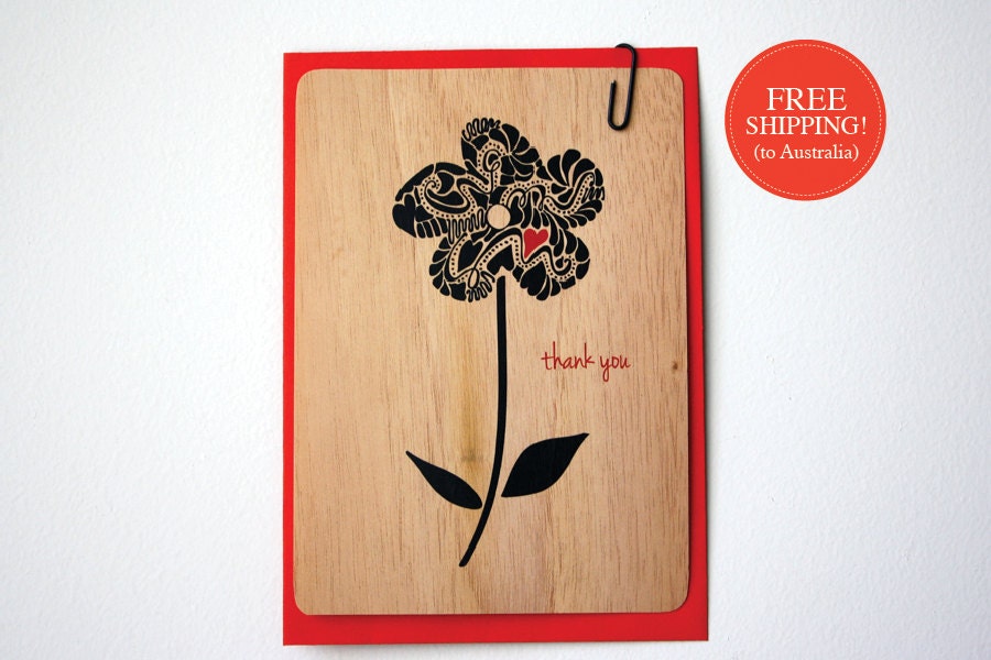 WOODEN Greeting Card - Thank-You Flower - Printed on Real Wood. Papette Boutique.