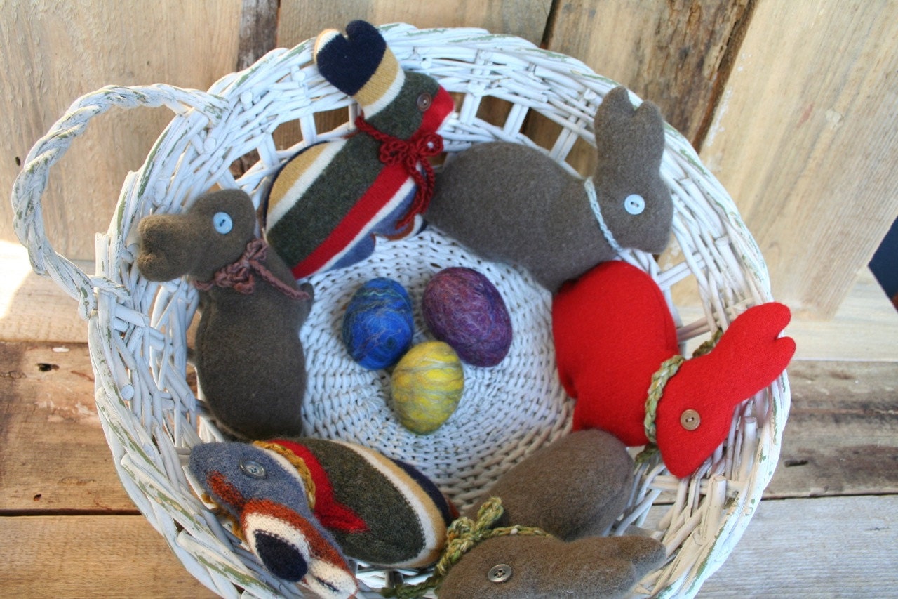 Three Bunnies & Three Eggs- All Wool Plush Toys- Felted Musical Eggs