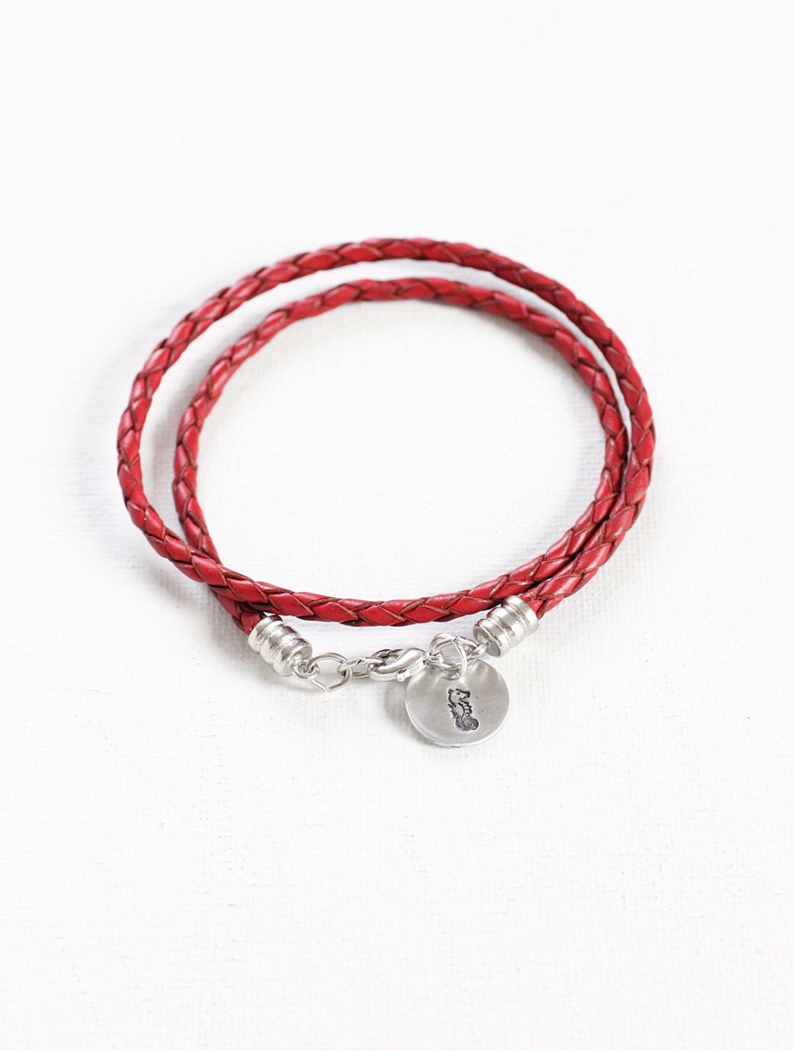 Sea Life Jewelry. Seahorse Bracelet.  Leather Wrap Bracelet, Ocean Jewelry, Seahorse Charm - Red