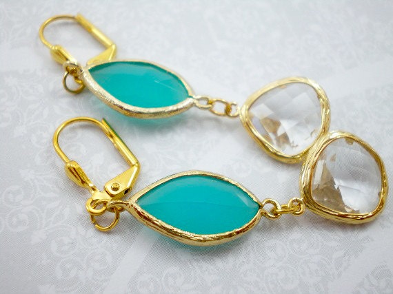 Aqua Blue Crystal Gold Drop Earrings, Aquamarine Drop, Wedding Earrings, Bridemaid Earrings, Bridal Jewelry