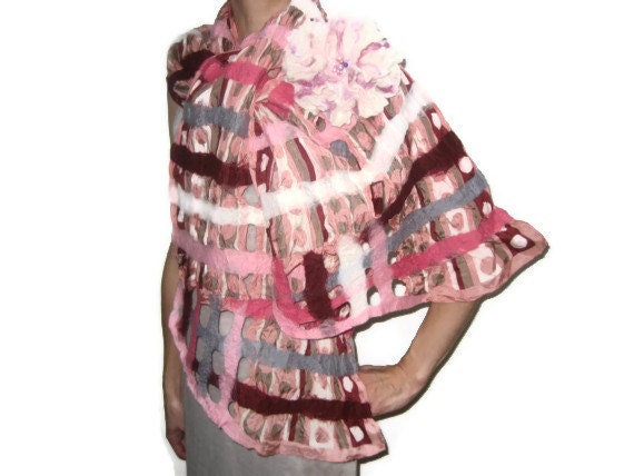 Nuno felted pink bordeaux grey white shawl wrap scarf, silk, wool, polka dots stripes, ooak