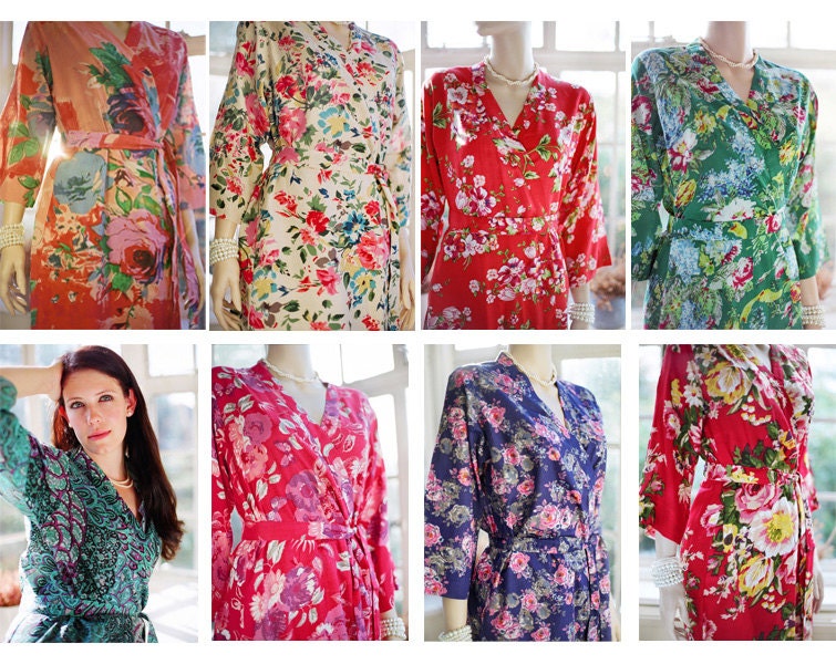 4 CUSTOM full length floral kimono robes or wedding dressing gowns. Womens lounge robe, bridal robe or wedding robe. Unique gift for her.