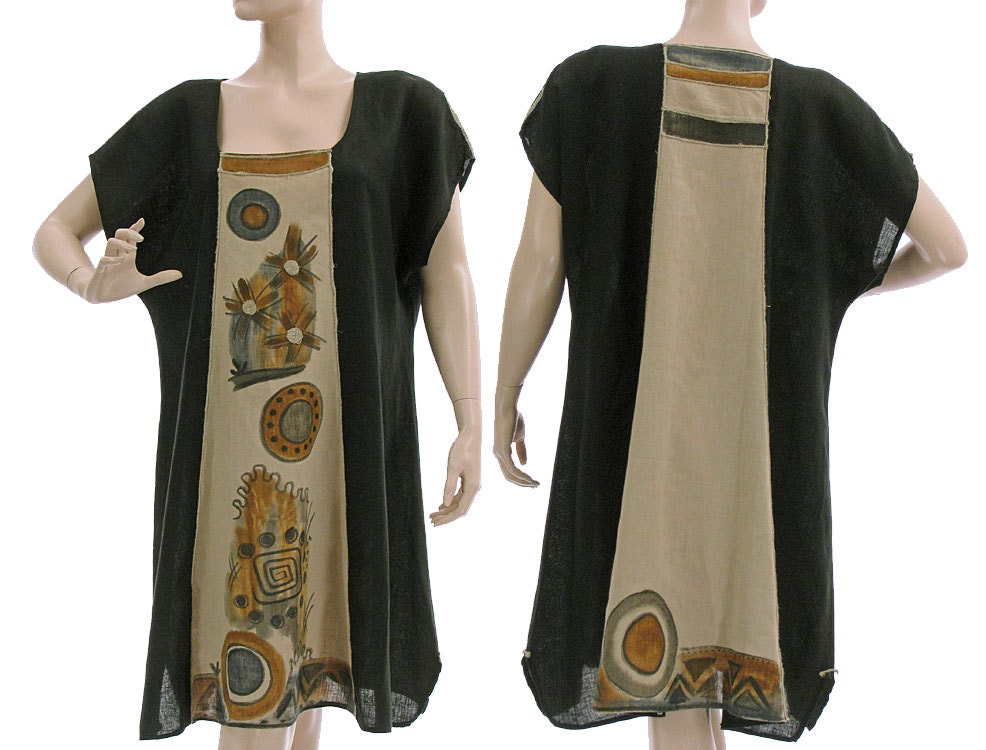 Artsy boho knee-length linen tunic, dress / lagenlook for plus sized women, large / black, nature, handpainted / summer tunic, dress