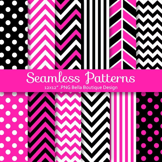 Instant Download, SEAMLESS, Hot Pink and Black, Posh, Chic, Digital Paper Pack, Chevron, Herringbone, Polkadots, Stripes Il_570xn