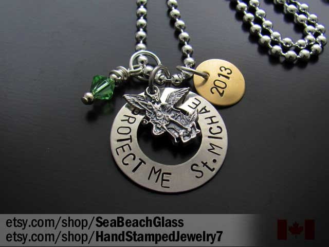 St Michael Necklace. Saint Christopher.  Hand Stamped. Graduation Gift  Idea. Initial. Name. Engraved.Catholic Jewelry. Handstamped.