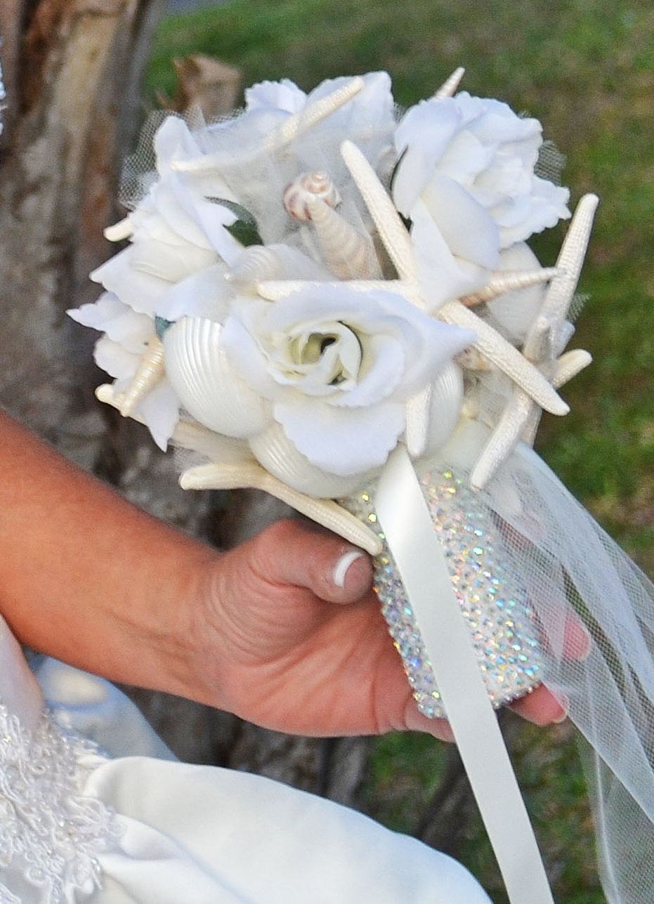 Stunning Sparkling Starfish and Seashell Bouquet in Hand-Crystalled Bouquet Holder
