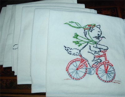 KITCHEN TOWELS Cats and Kittens - Hand  Embroidered, New Full Set - Vintage Pattern "Days of the Week" Kitchen Tea Towels -