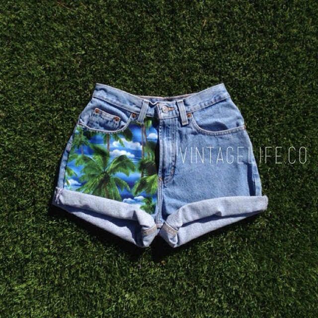 Vintage High Waisted Jean Shorts Tropical Print All Sizes Available