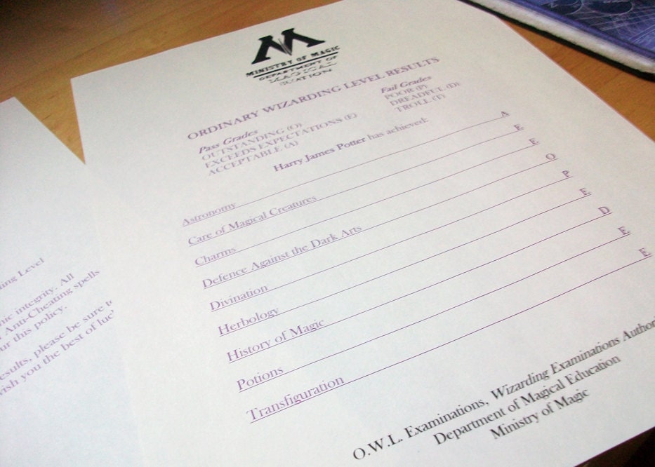 O.W.L. or N.E.W.T. Examination Results Letter- Personalized