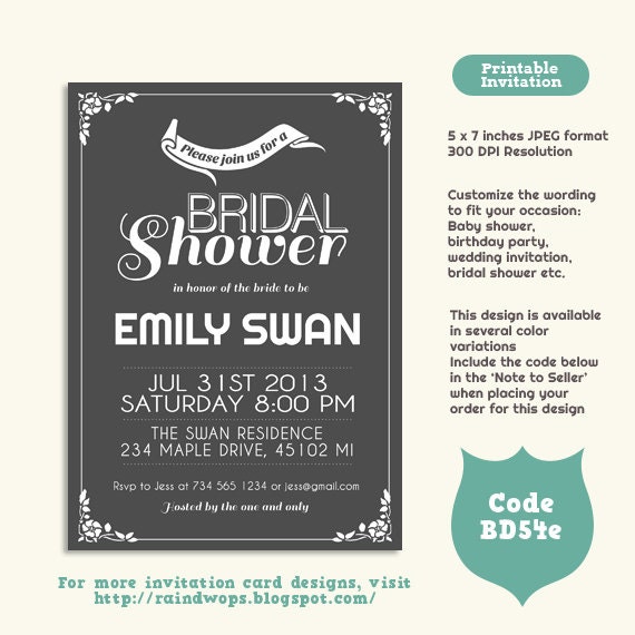 Chalkboard Classic Printable Invitation Card for Bridal Shower, Baby Shower, Engagement, Wedding, Birthday