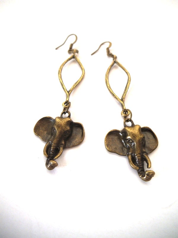 Bronze Elephant Long Dangle Earrings, Elephant Jewelry