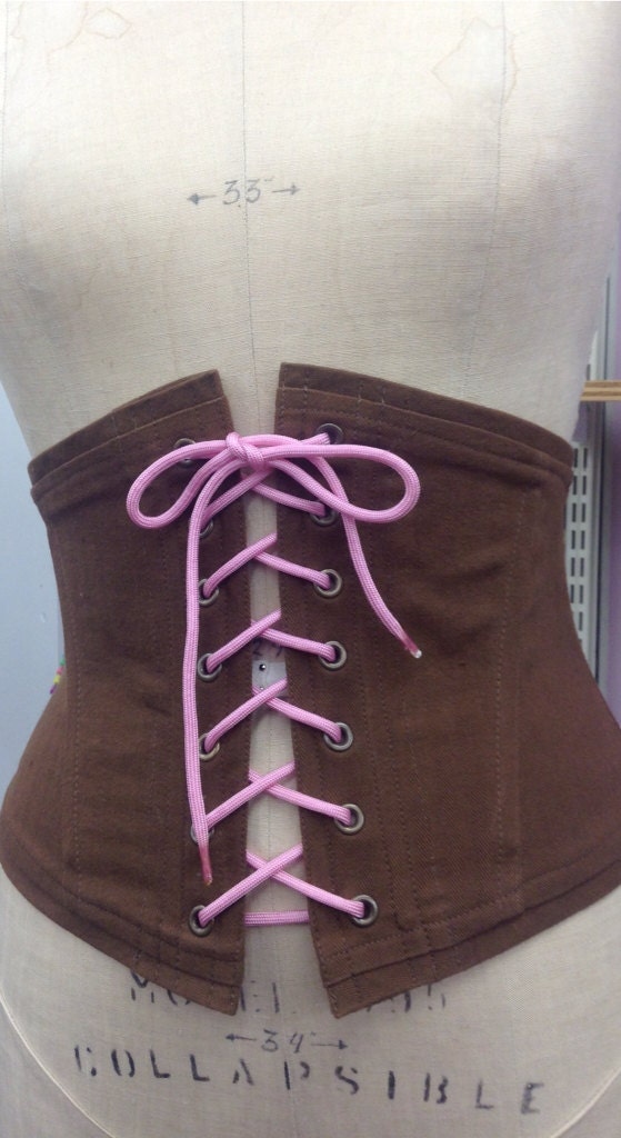 Brown coutil  waist cincher corset with pink lacing