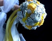 Satin  wedding bouquet  Yellow love , hair ornament and boutonniere