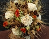 Wedding Bouquet, Camo Bridal Bouquet and Boutonniere Set with Wheat and Sola Flowers, Groom, Bridal Bouquet