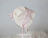 baby bonnet, simply from cream and soft pink cotton fabric , newborn Photo prop, baby hat, vintage girl