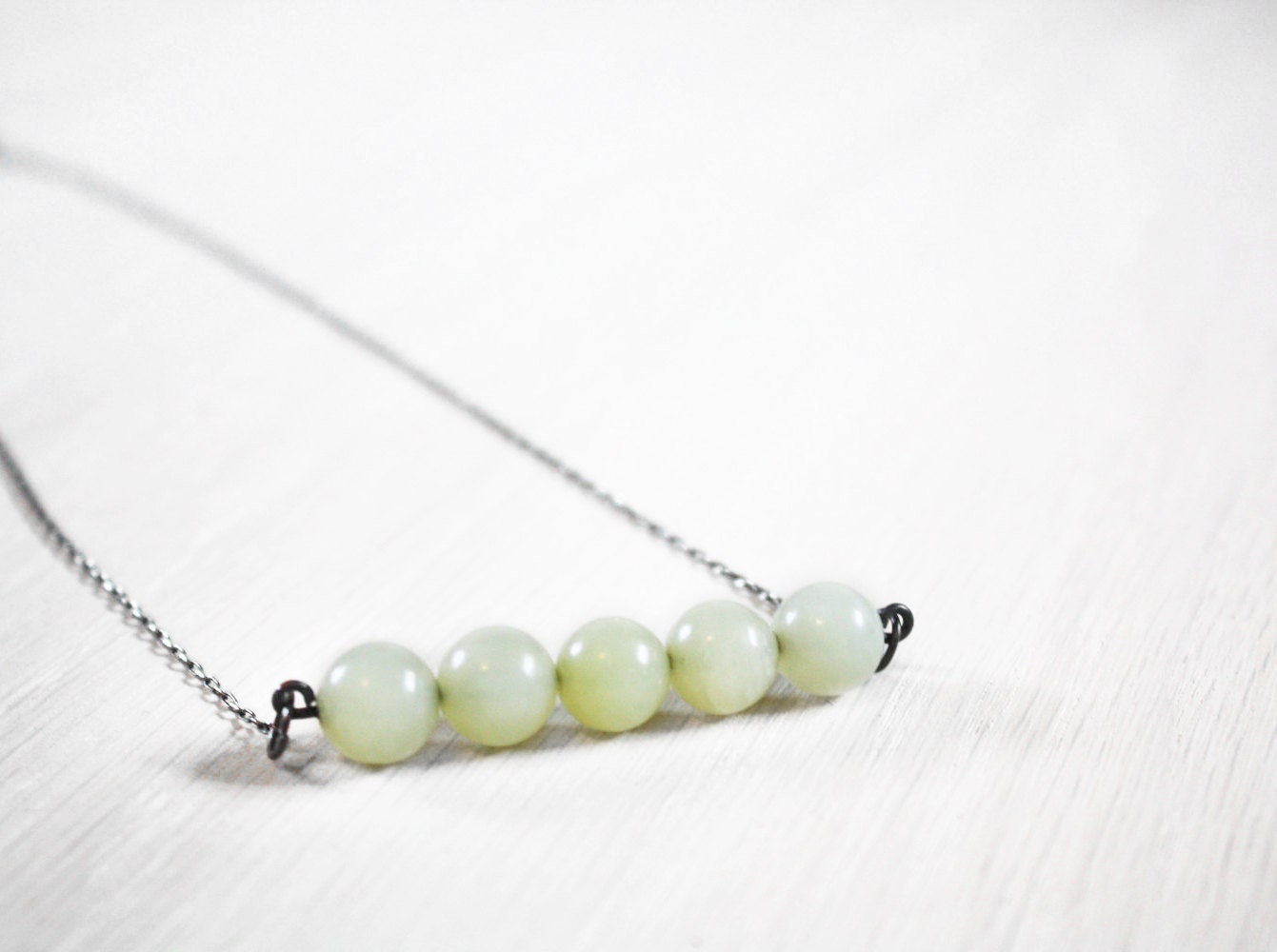 Beaded Bar Necklace - honeydew cream stone beads on sterling silver chain - delicate, modern jewlery