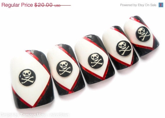 SALE Skull and Crossbones Black Red Trim Fake Nails 3D