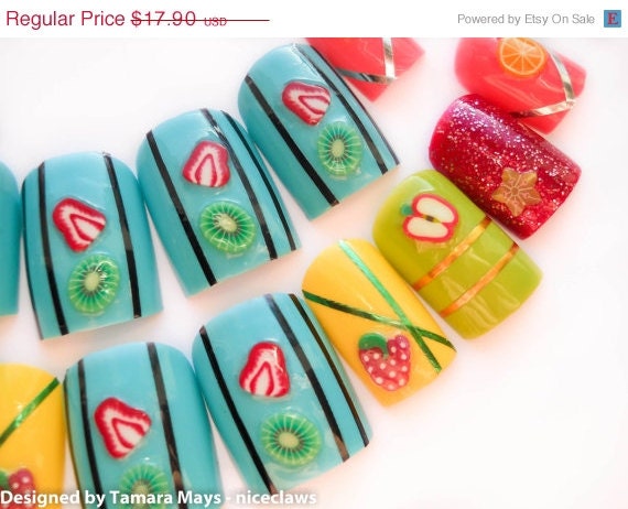 SALE Wicked Fruit Fake Nails with Stripes and Fruit Slices