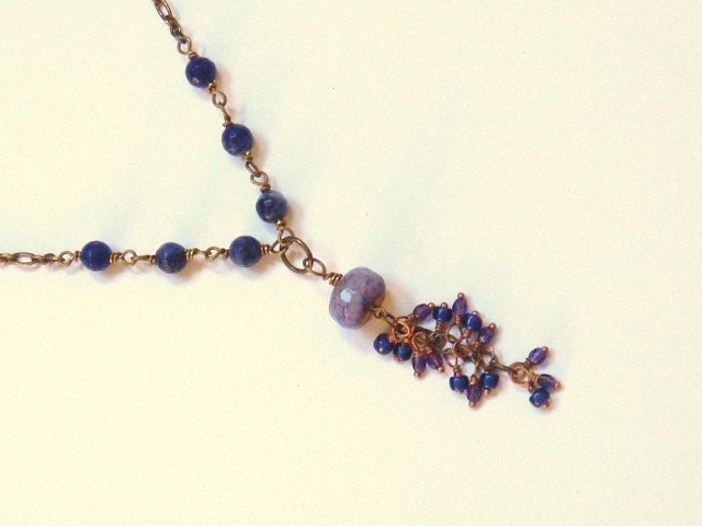 Monaco Blue Tassel Necklace African Violet Purple Gemstone Bead Rustic Elegant Jewelry