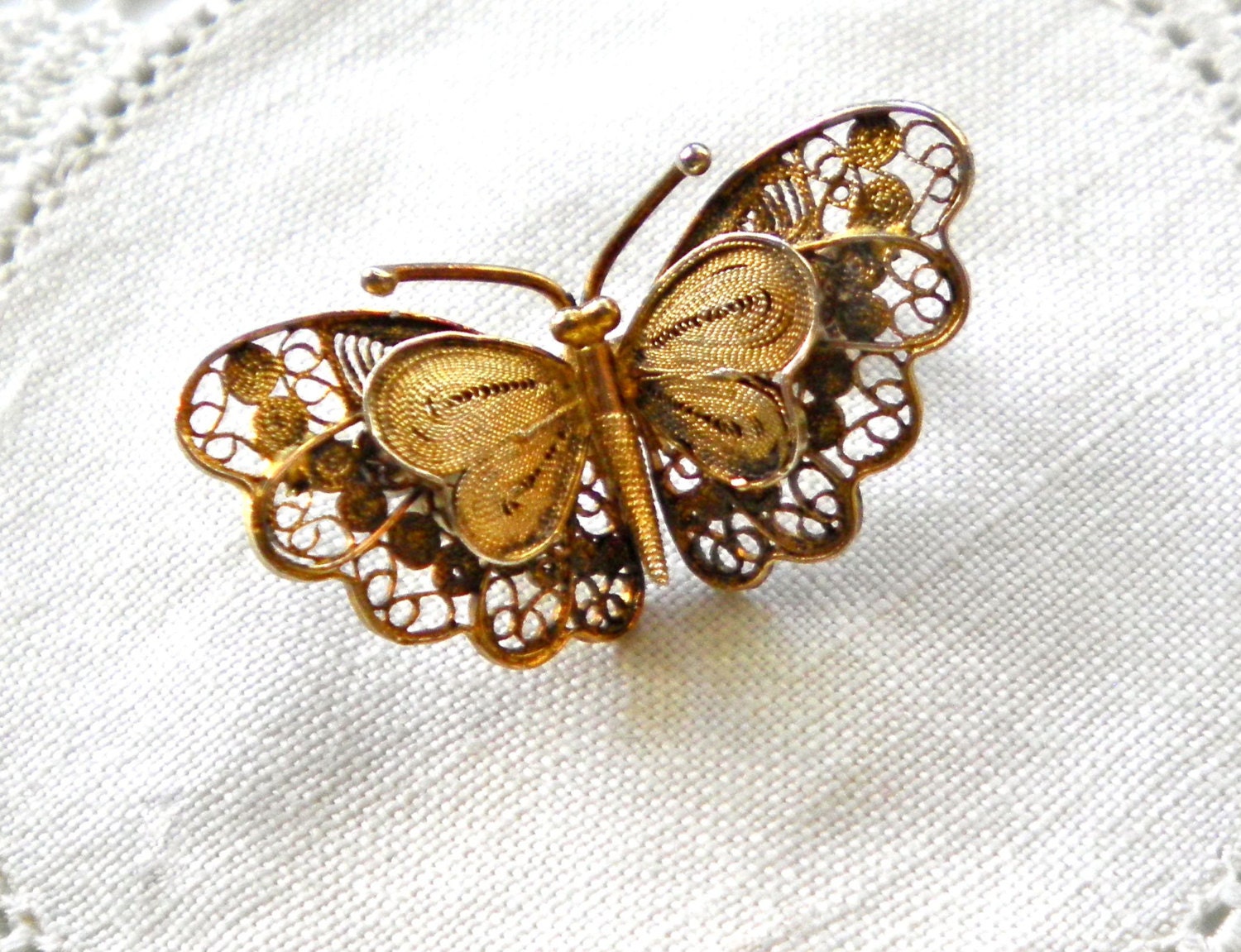 Vintage Gold Vermeil on 800 Silver Filigree Butterfly Brooch Pin