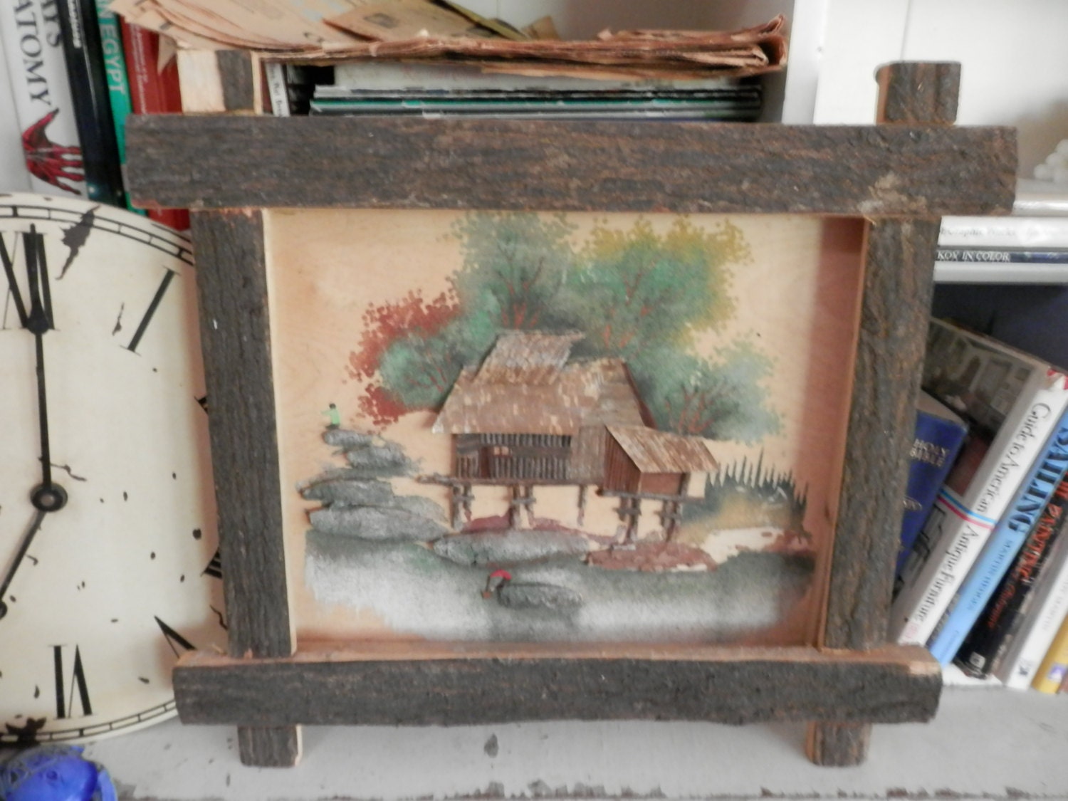 Natural Wood Framed Painting 3-D Three Dimensional Art Sculpture tree,men fishing,hut,water,