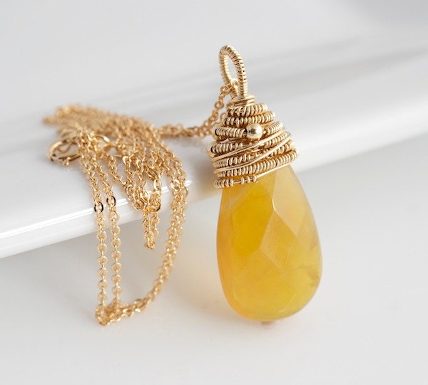 Yellow Pendant Necklace, Faceted Quartz Necklace, Wire Wrapped Necklace, Gold Necklace