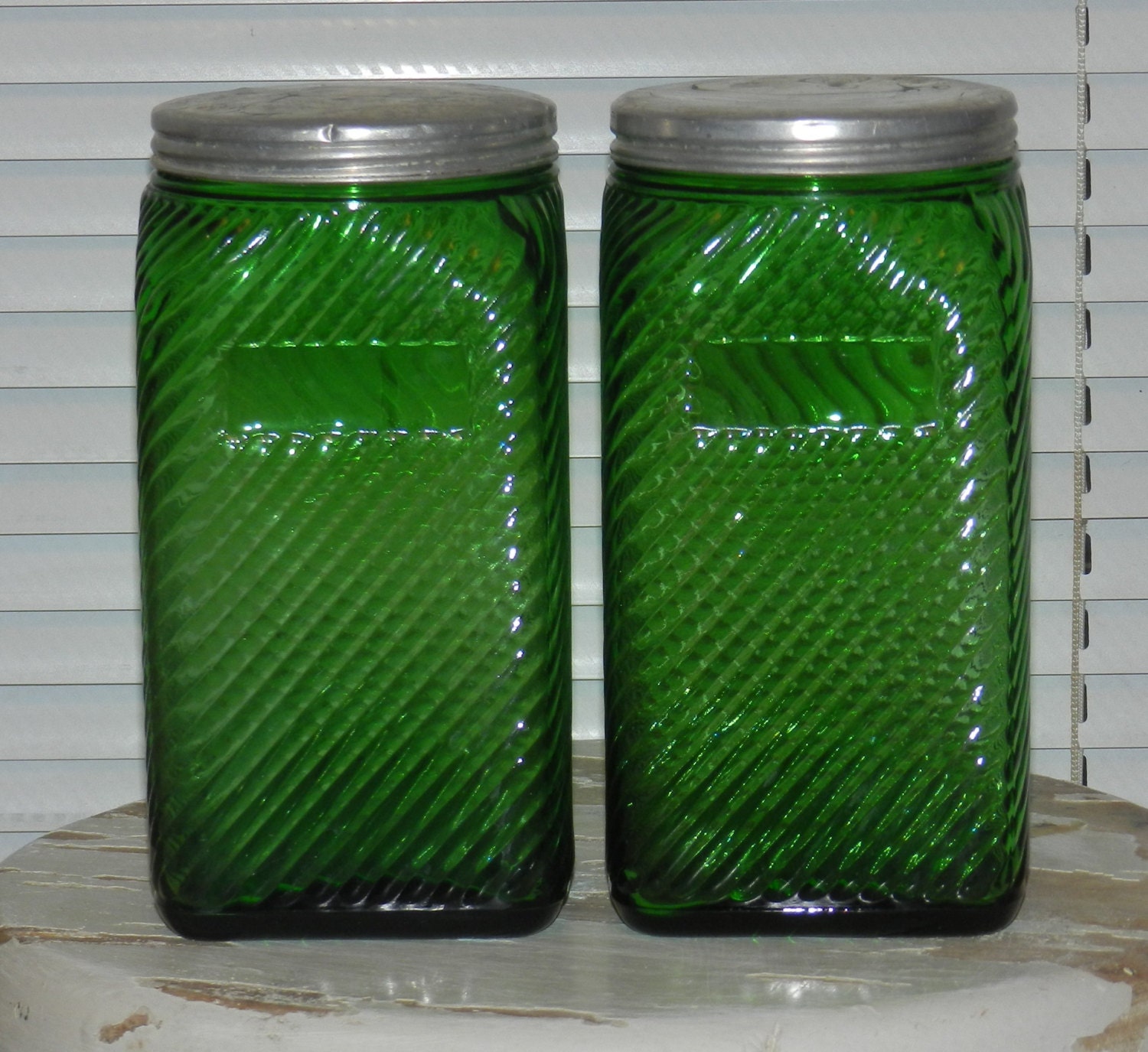 2 Luscious 1930's Owens Illinois Green Depression Glass Canisters with Metal Lids