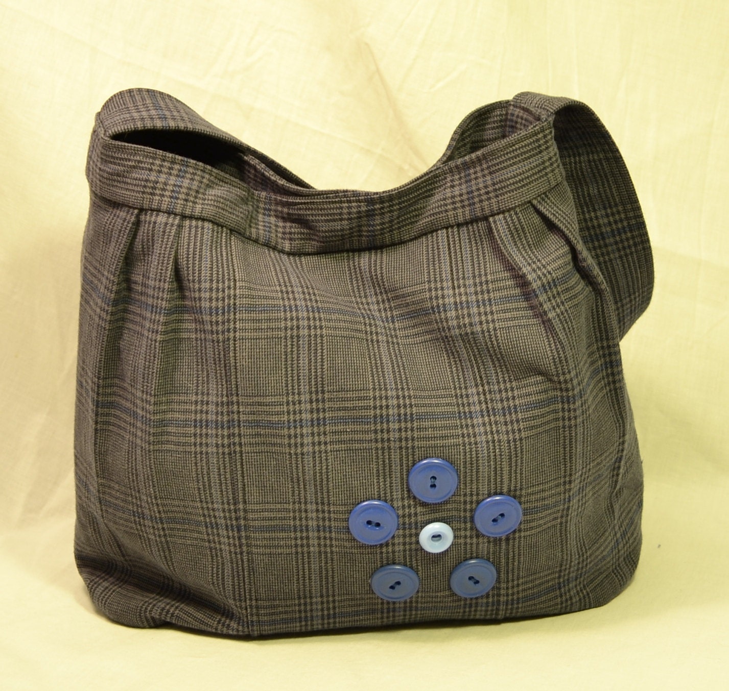 Upcycled Gray Blue Plaid Purse with Button Flower