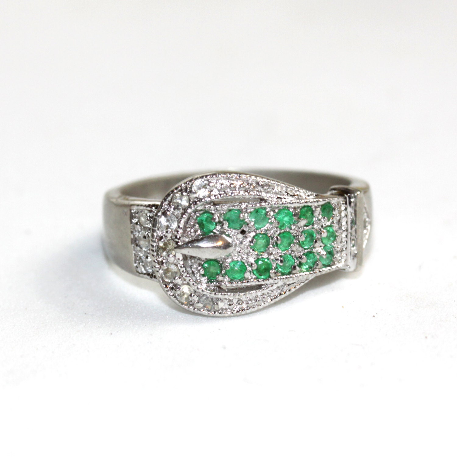Buckle ring with natural emeralds and genuine diamonds in sterling silver, vintage or antique