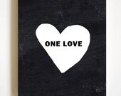 One Love Black & White Graphic Wood Sign Typography Art Romantic Heart Modern Decor Mounted Chalkboard Print on Wood, 16" x 20" Wall Art