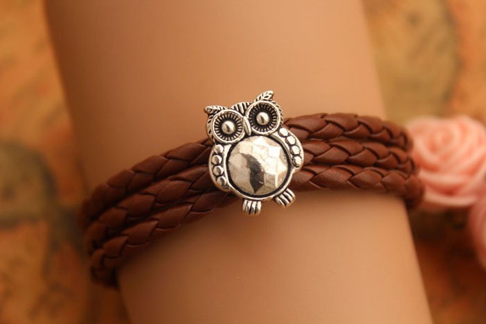 owl bracelet,retro silver SUPER cute owl bead bracelet,brown braid leather bracelet---B239