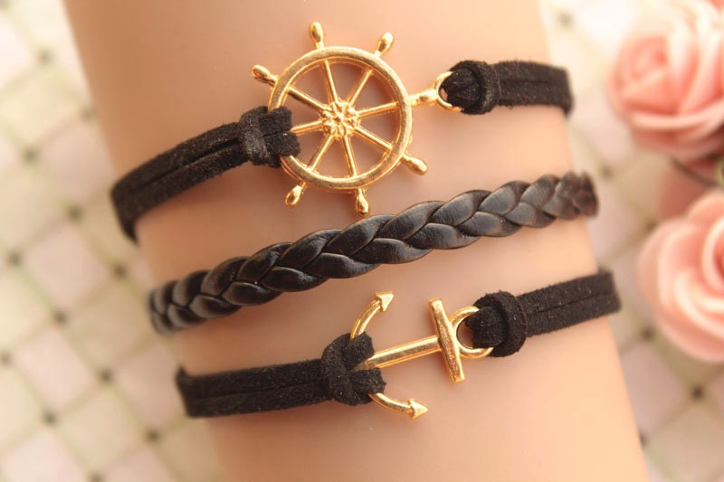 anchor bracelet,retro golden anchor with rudder bracelet,black braid leather bracelet---B277