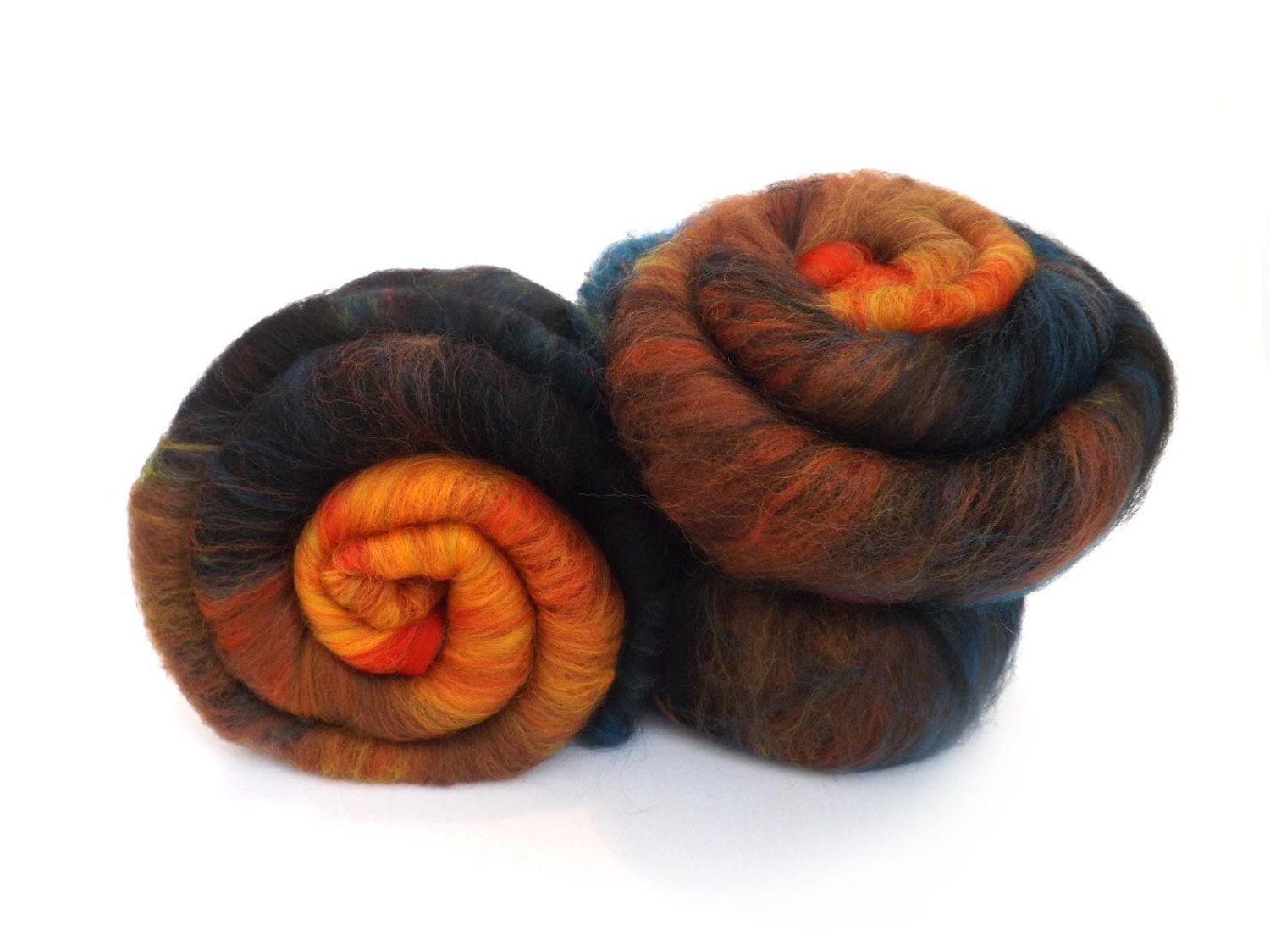 Batt - Orange - Teal - Merino wool - Tussah silk - Spinning - Felting - 100g - 3.5oz - ROOSTER - nunoco
