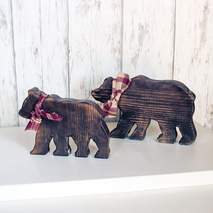 Two Rustic Wood Bears - Set of Two Brown Wooden Cabin Bears