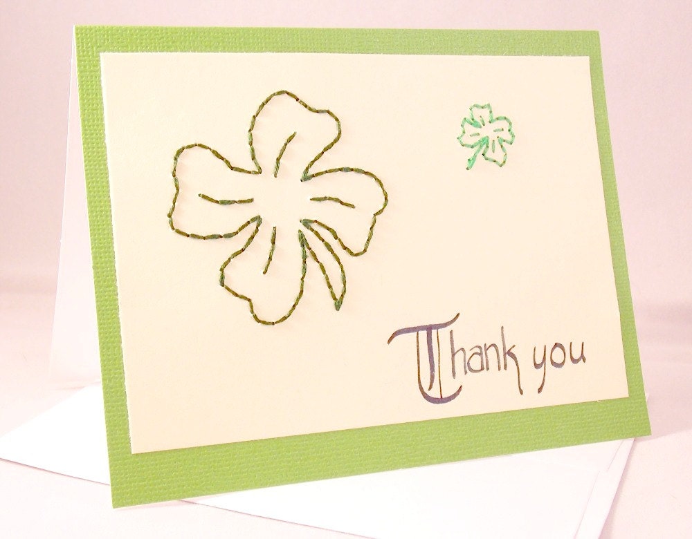 Thank you card hand embroidered shamrocks clovers green leaves St. Patrick's Day