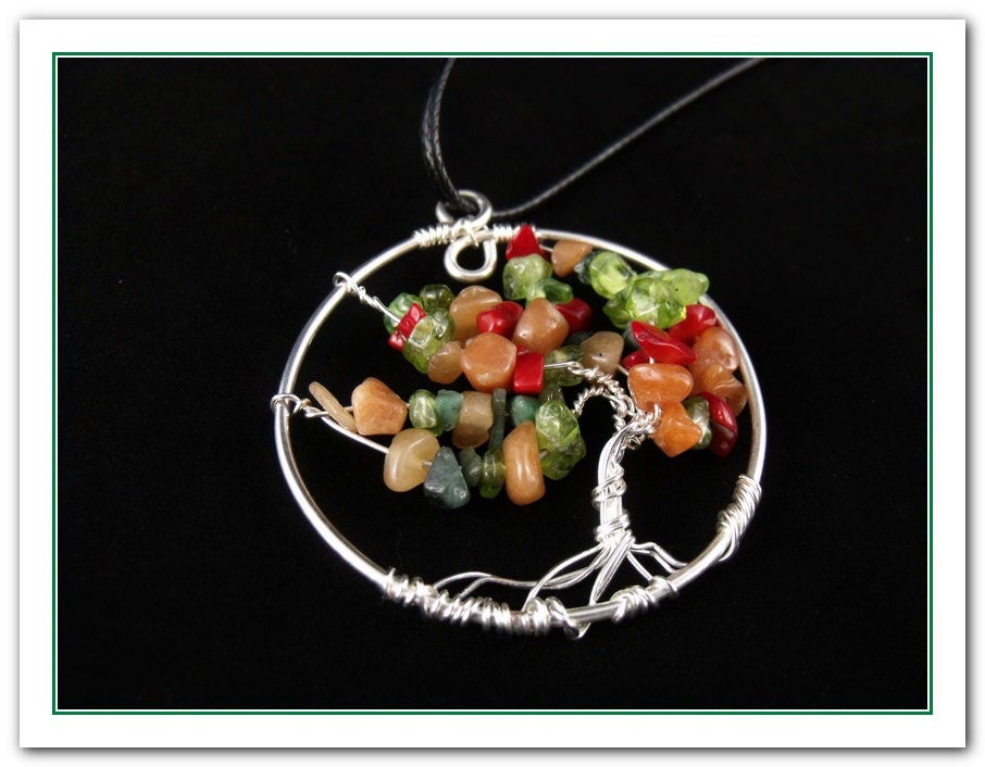 Tree of life silver toned pendant with semi precious chips
