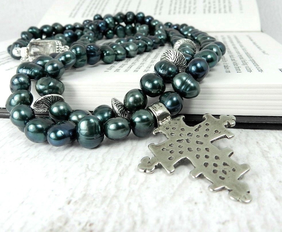 Long Pearl Cross Necklace Statement Multi Strand Chunky Pearls in Teal