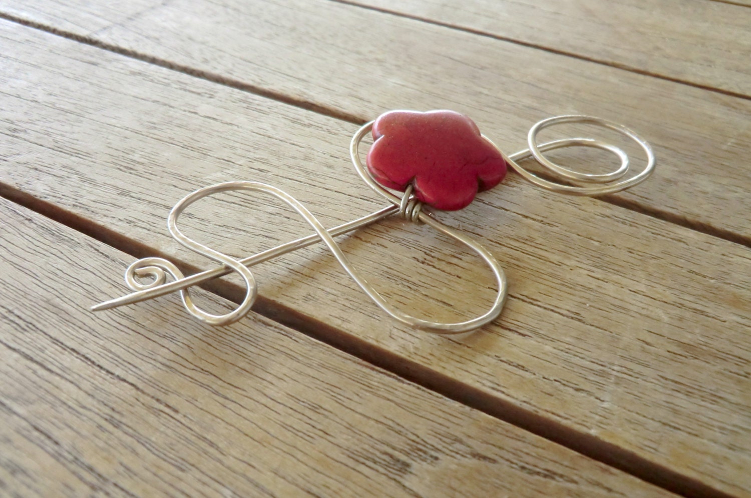 Shawl pin, red flower brooch, wirework pin, silver shawl brooch. Under 20. Valentine's day.