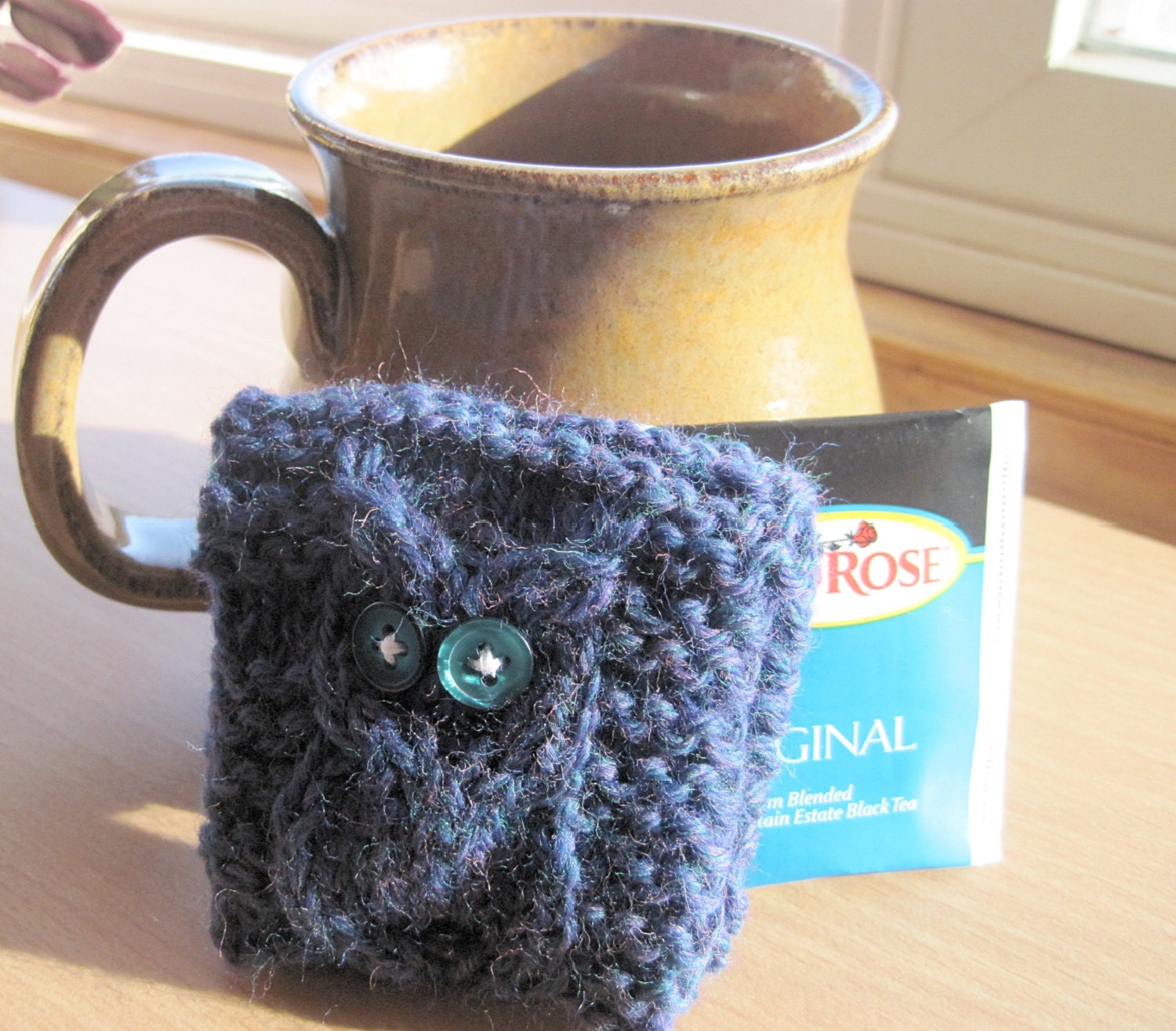 Small Blue Owl Tea Wallet, Hand Knit Tea Bag Holder, Owl Purse