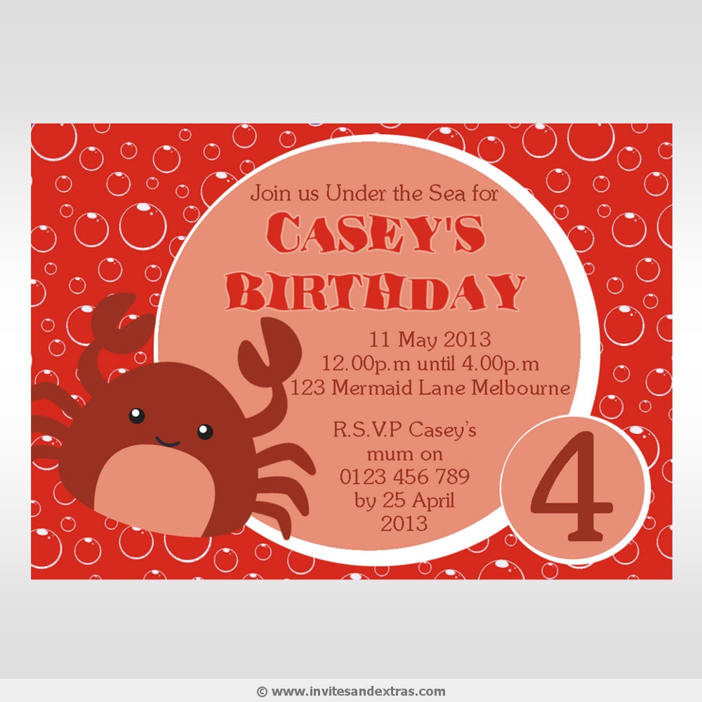 Printable Under the Sea Crab Invitation - One Colour Choice Il_170x135