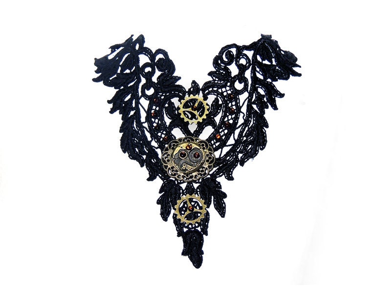 Goth Steampunk lace collar with gears and clockwork