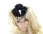 Gothic victorian fascinator with real bird skull and satin roses black taxidermy Burlesque