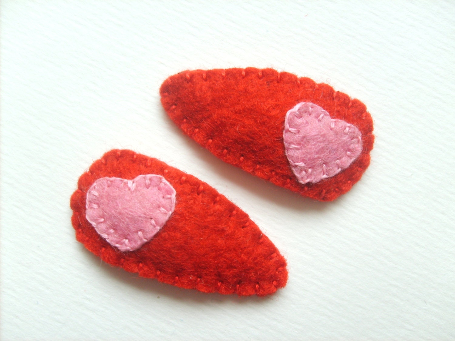 HEART hair clips     hand embroidered with wool felt
