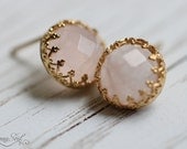 Golden stud earrings with rose quartz, Rose gemstone stud earrings, Vintage earrings