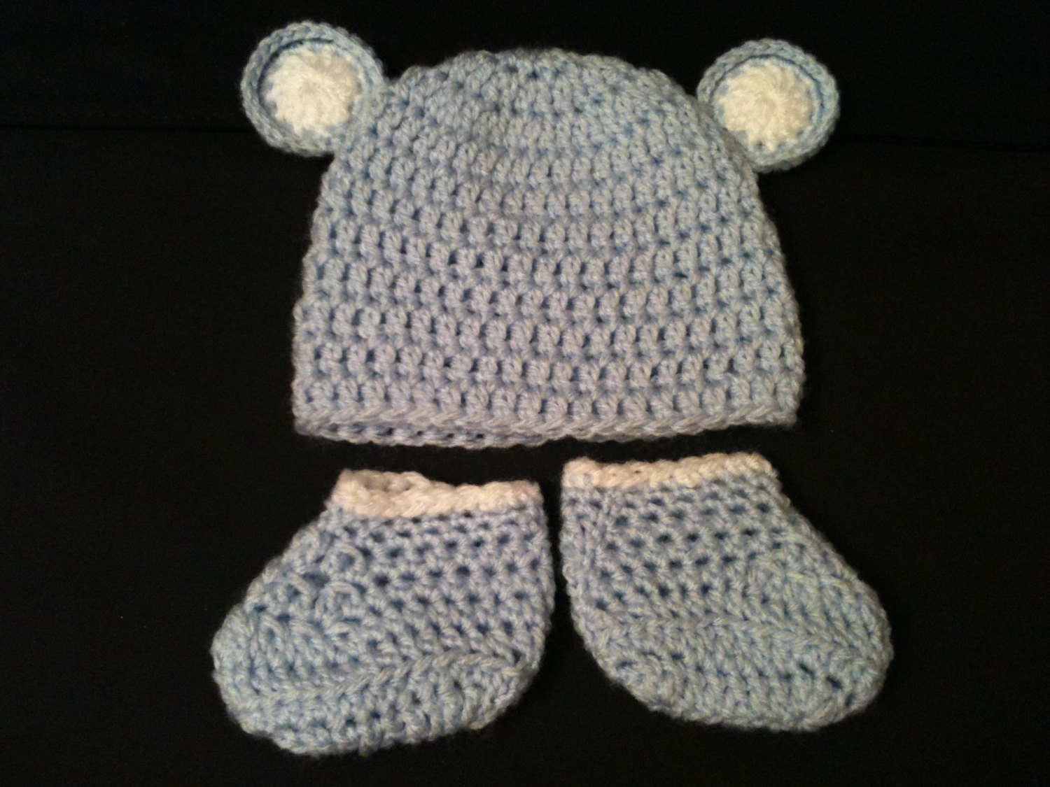 Light Blue Baby Bear Beanie and Booties Set - Newborn to 3 months- Hand Crochet Baby Hat and Booties Newborn Photo Prop